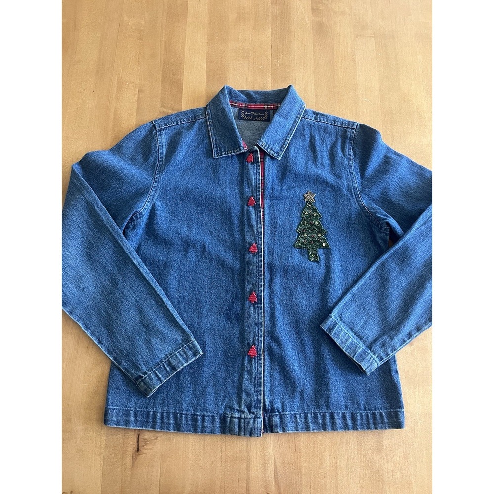Vtg New Direction Denim Shirt Jacket Women Sz S Christmas Tree Embroidery Beaded